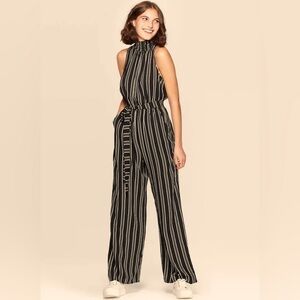 Xhilaration • M • Black/Green/White Striped Sleeveless High Neck Belted Jumpsuit